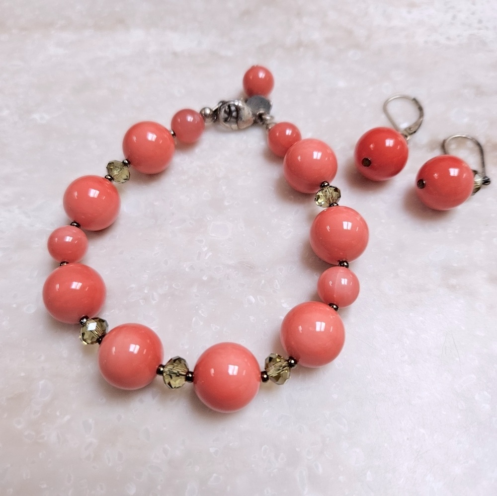 925 Emily Ray Coral Bead Bracelet & Earrings Set NWOT